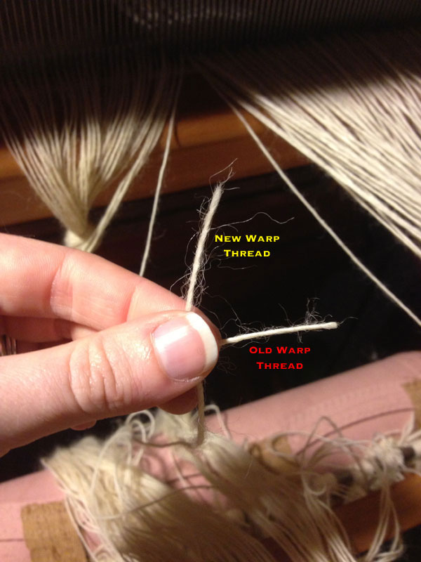 The new warp thread is placed vertically behind the old warp thread creating a perpendicular intersection. 