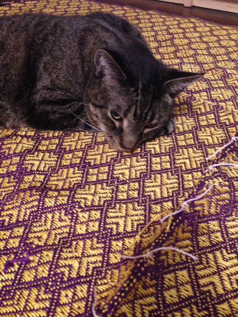 The blanket panels tacked together- with a little help from my weaving friend, Rupert.